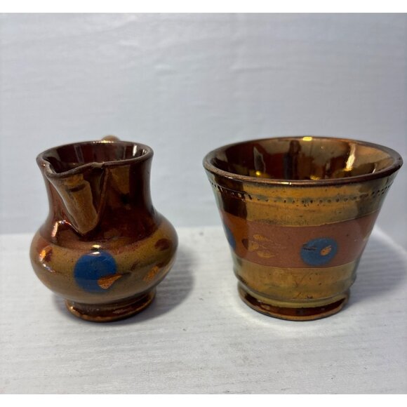 Copper Lusterware Creamer & Sugar Set With Blue Accents Vintage - Picture 2 of 8